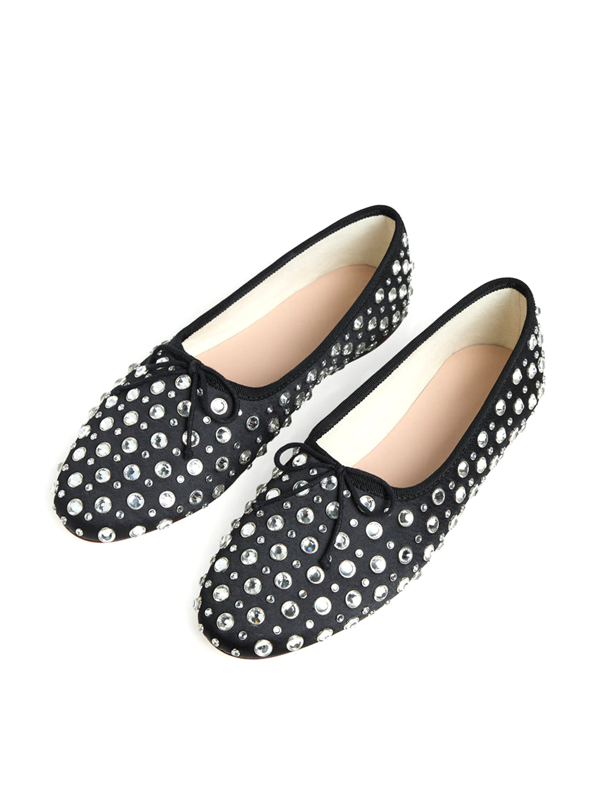 Black Rhinestone Mesh Round-Toe Front Bow Ballet Flats