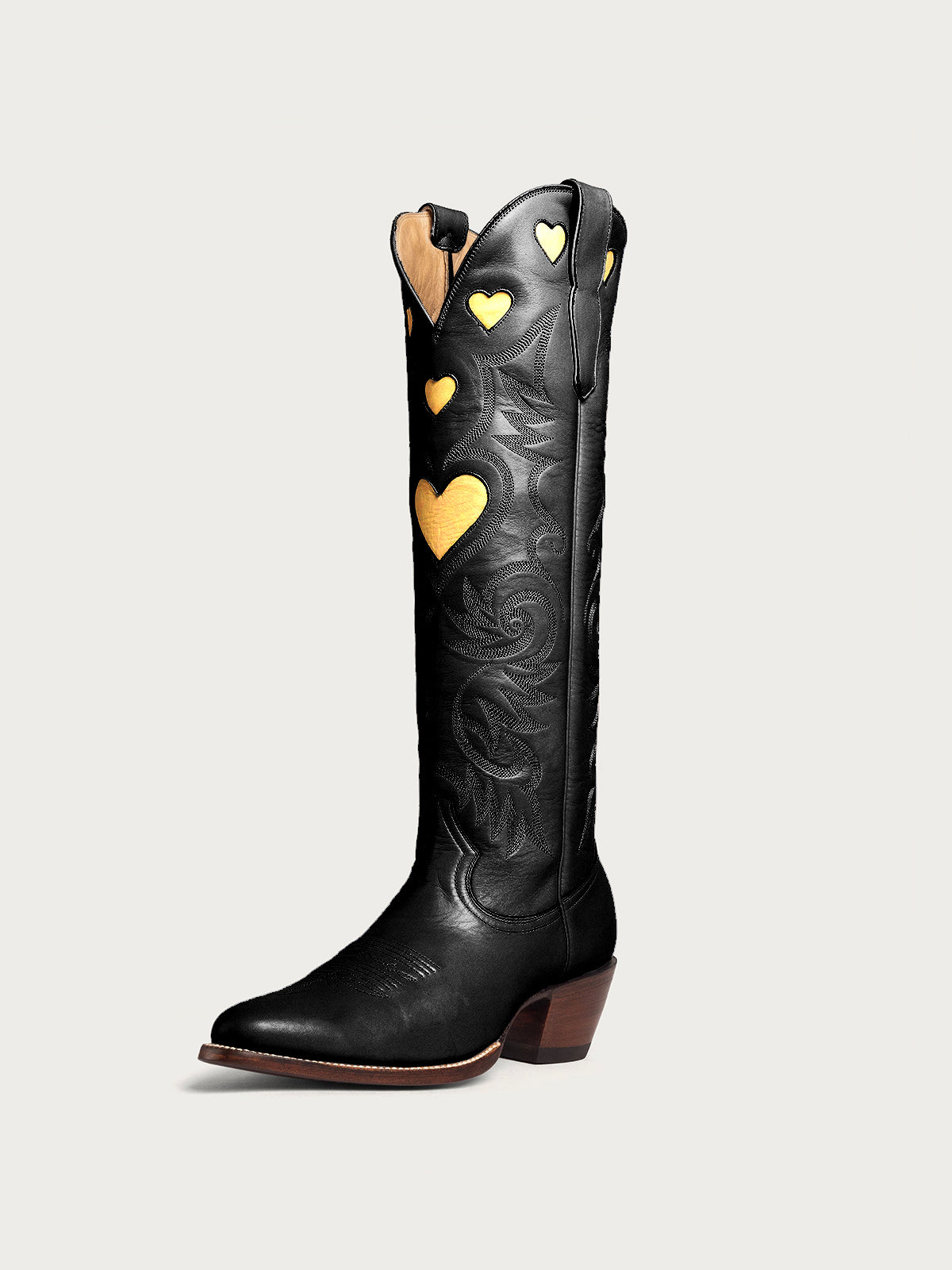 Gold Heart Inlay Embroidery Almond-Toe Tall Wide Knee High Cowgirl Boots - Black
