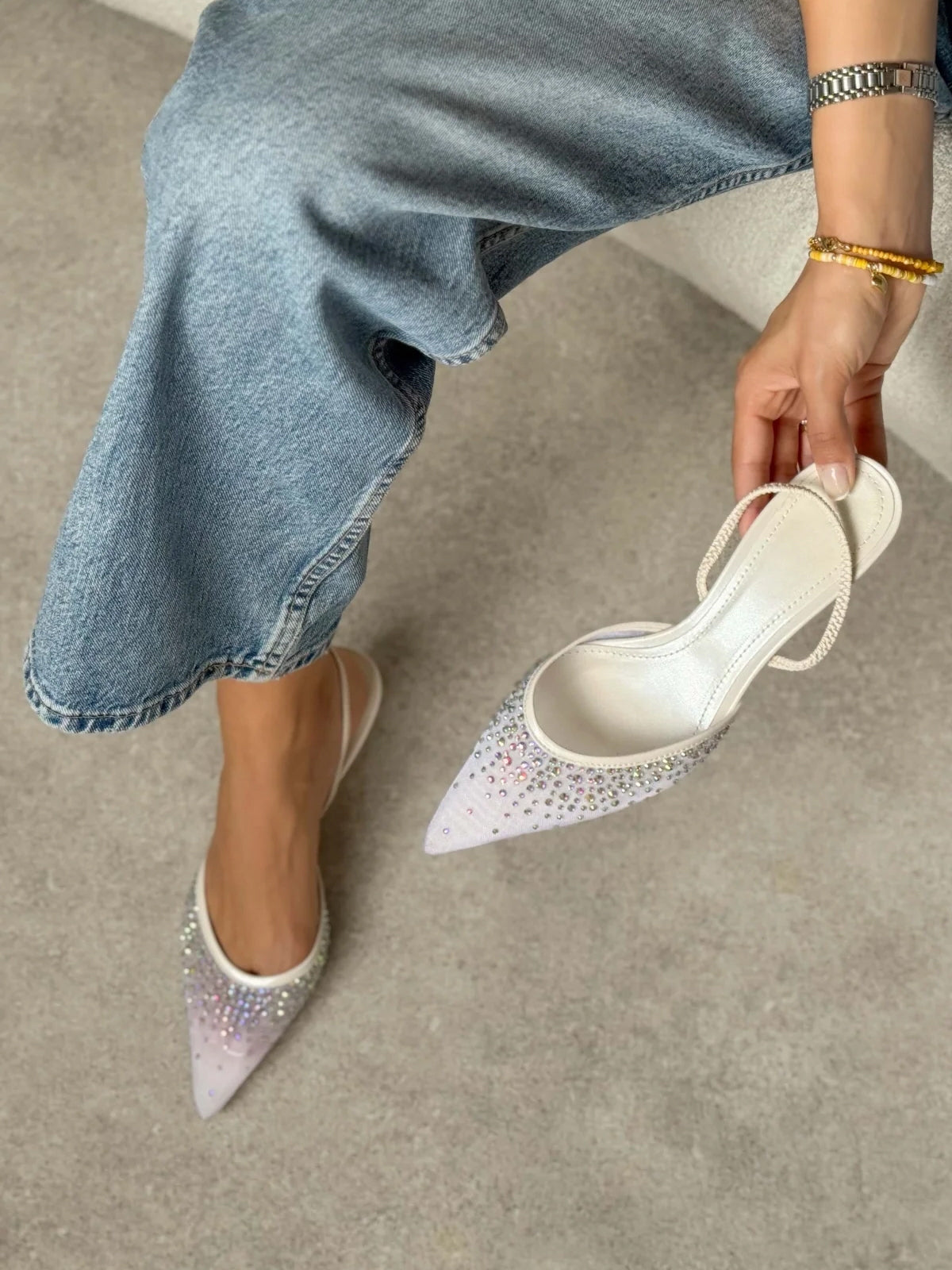 White Rhinestone Mesh Pointed-Toe Slingback Kitten Heels