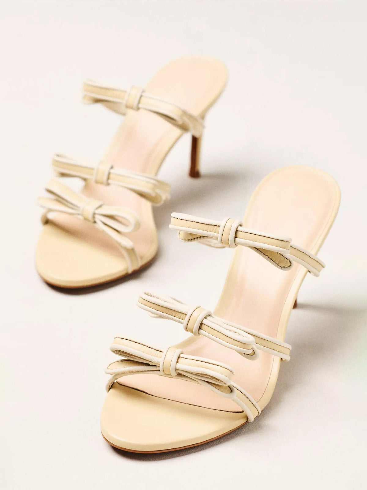 Nude Peep Round-Toe Triple-Bow Backless High Heels