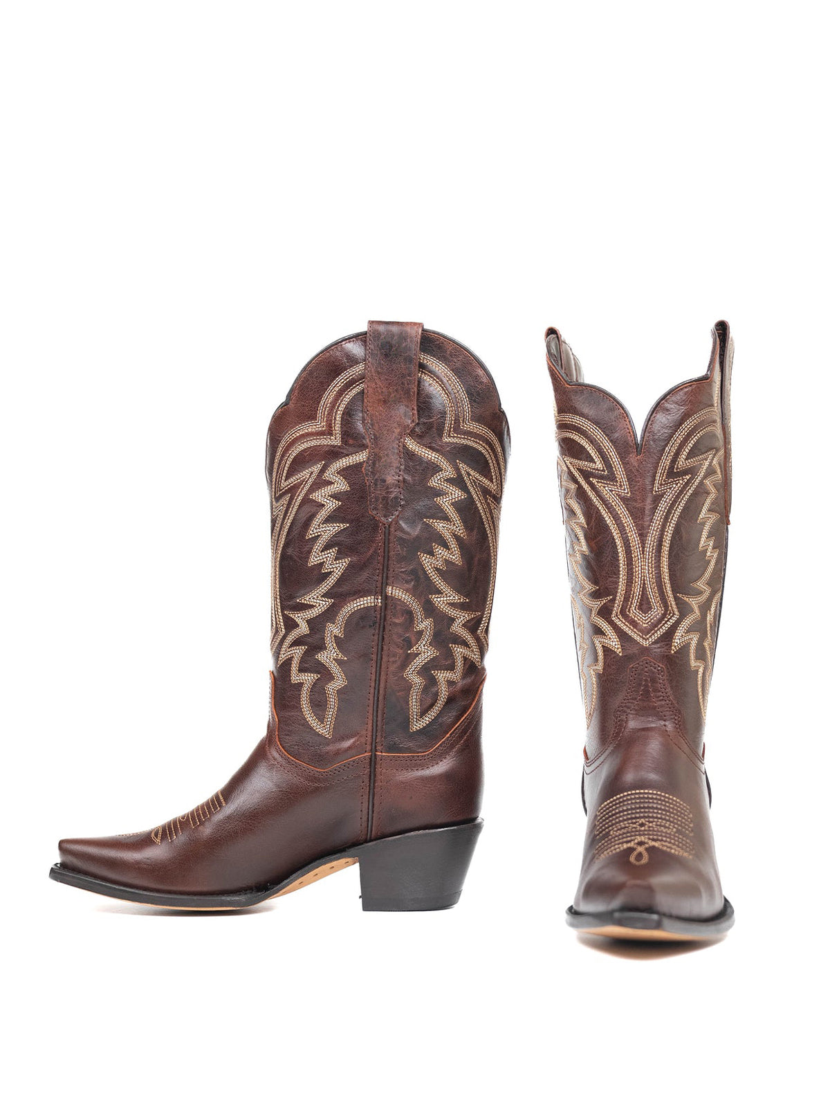 Western Snip-Toe Embroidery Mid Calf Cowgirl Boots - Chocolate