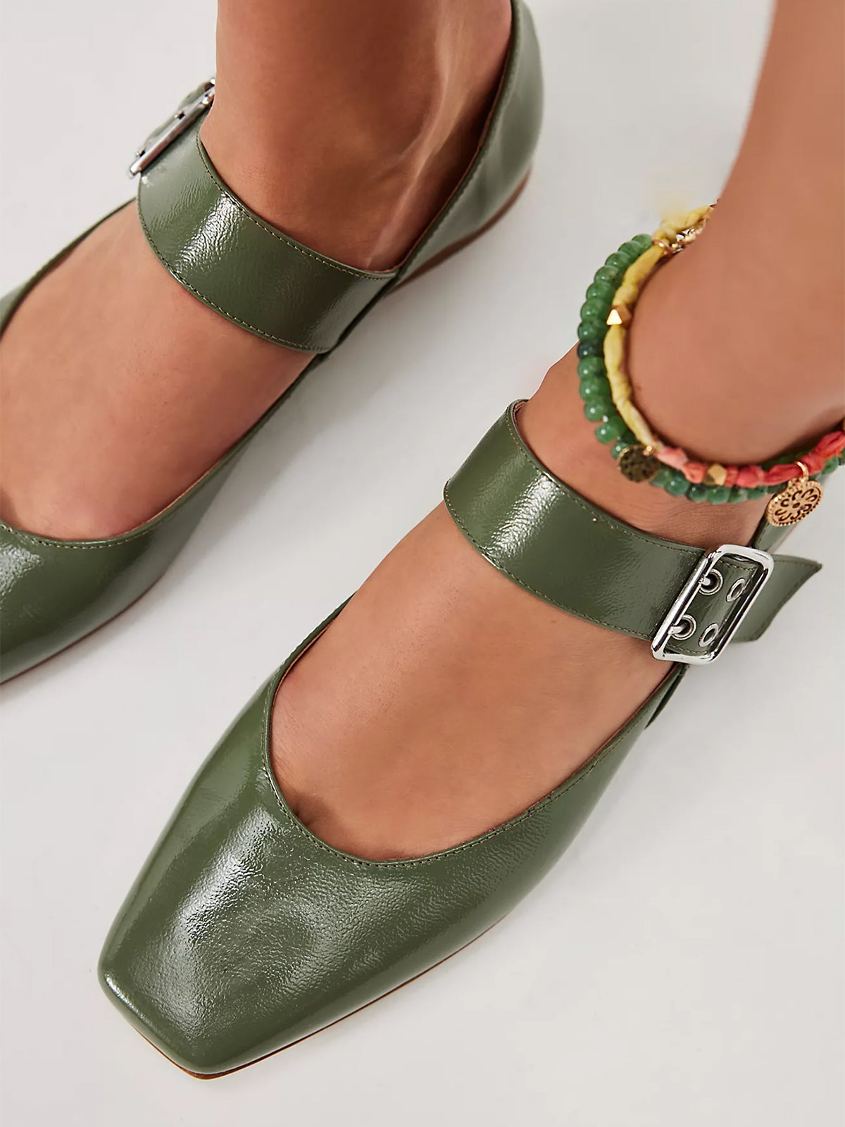 Patent Sage Square-Toe Buckle Strap Flats