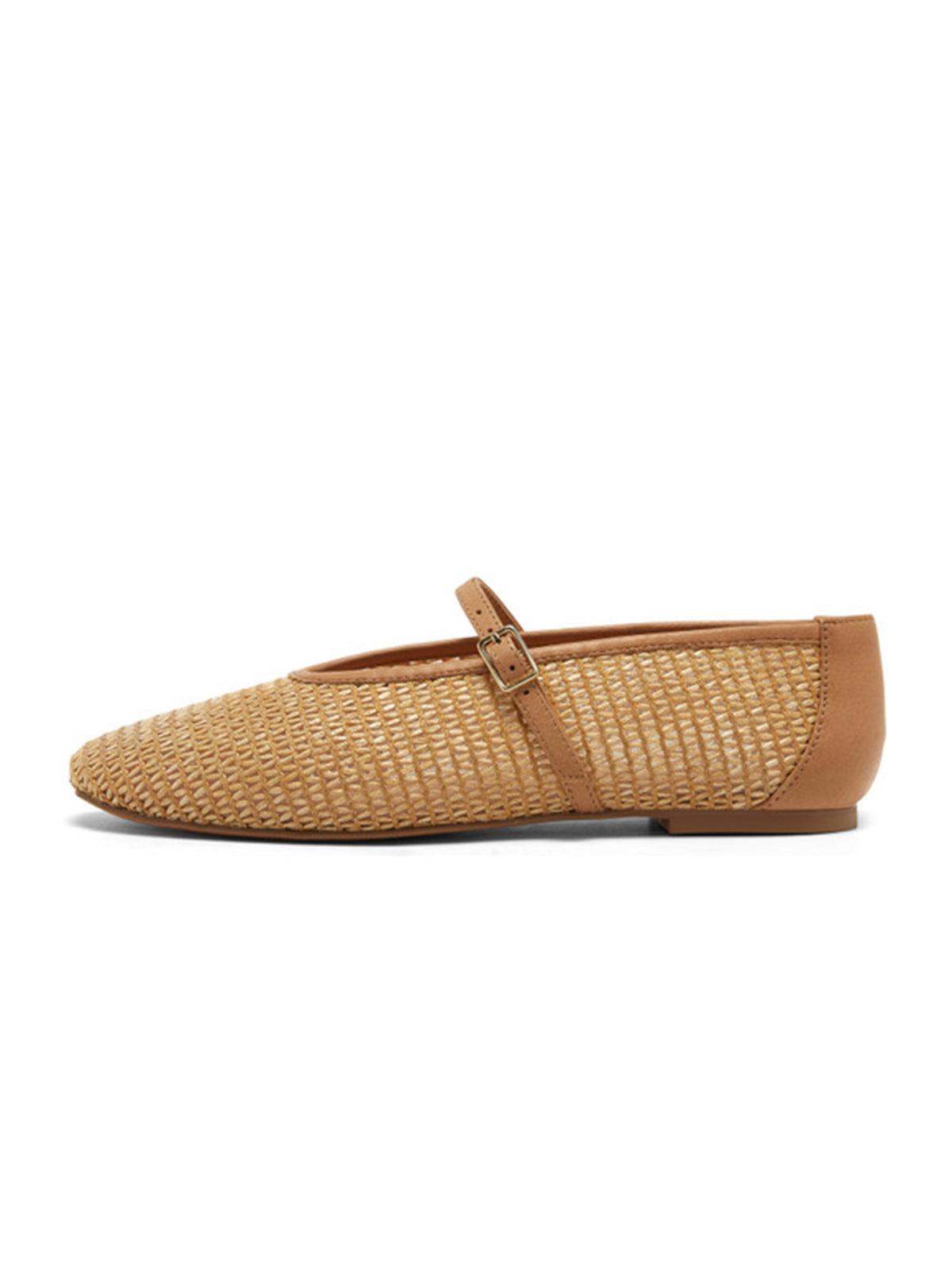 Tan Grass Woven Round-Toe Bridge Strap Chic Flats