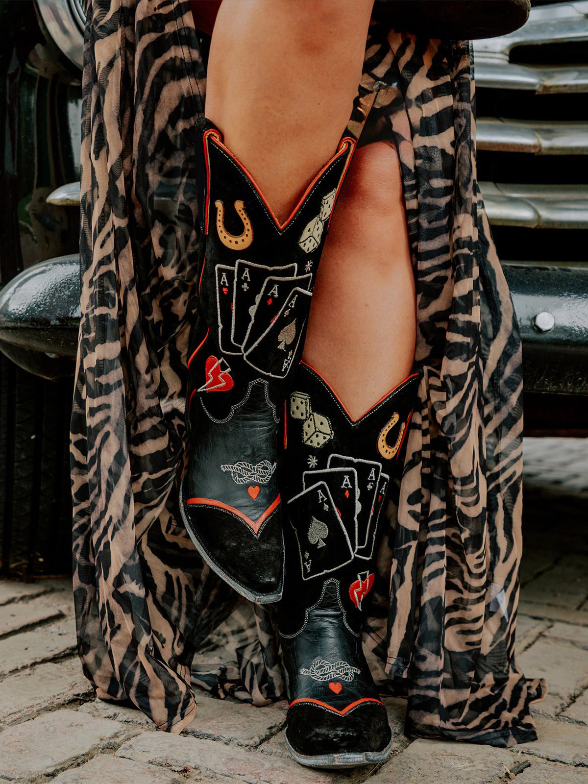 Black Snip-Toe Card Game Embroidery Horseshoe Applique Mid Calf Cowgirl Boots