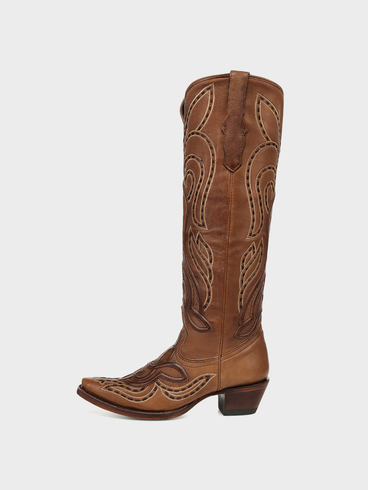 Tan Snip-Toe Embroidery And Running Stitch Half-Zip Chic Knee High Cowgirl Boots
