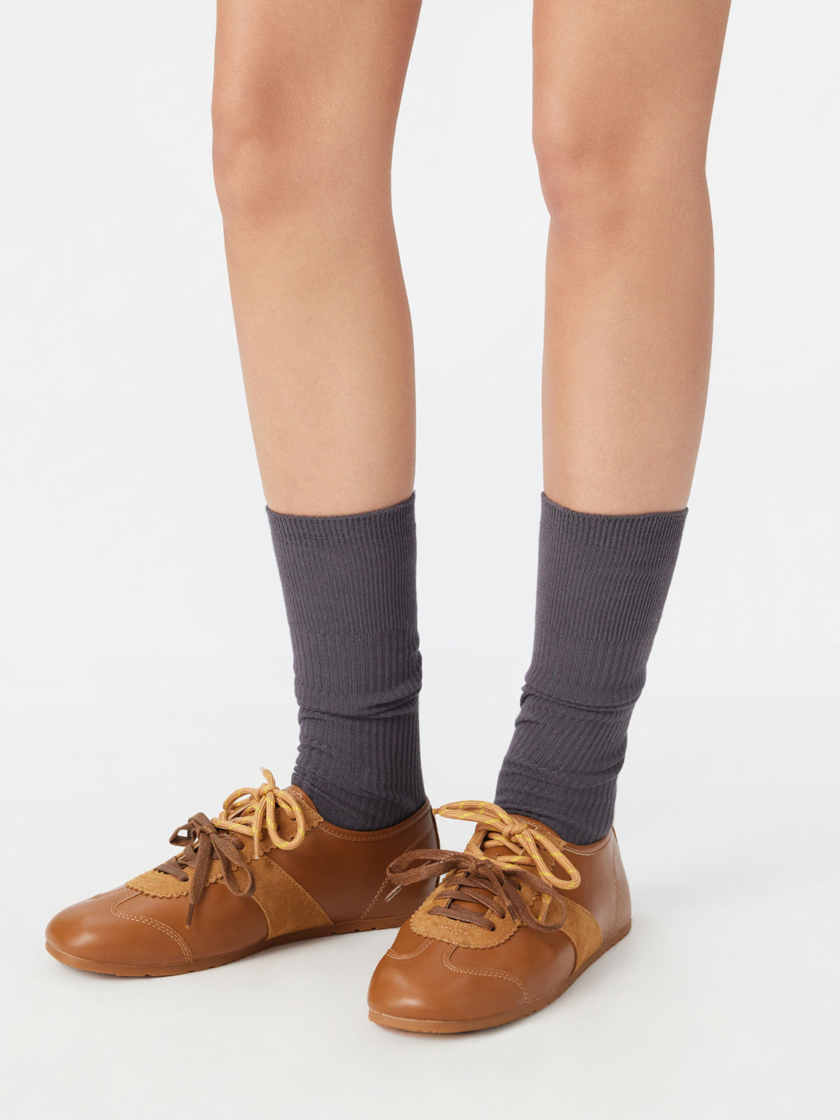 Brown Cow Suede And Cow Leather Square-Toe Lace-Up Flats Sneakers