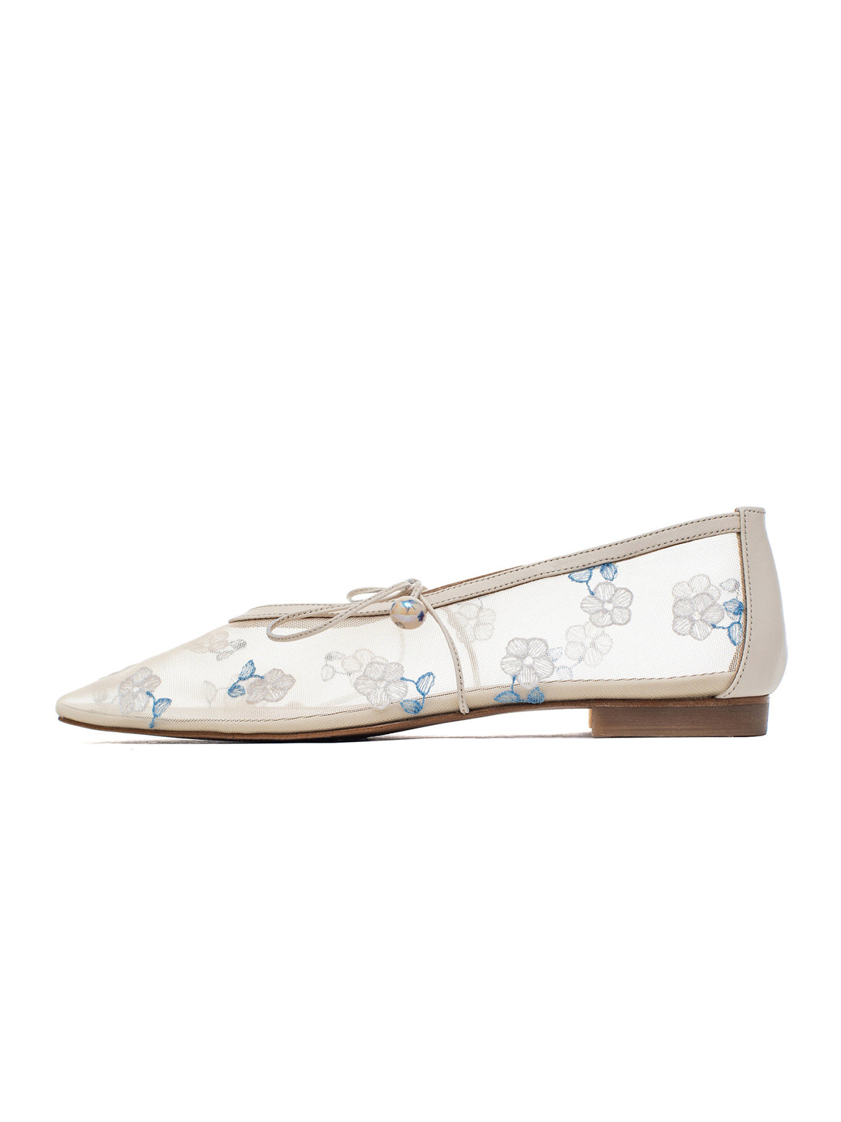 Cream Mesh Pointed-Toe Wildflowers Embroidery Mary Jane Ballet Flats