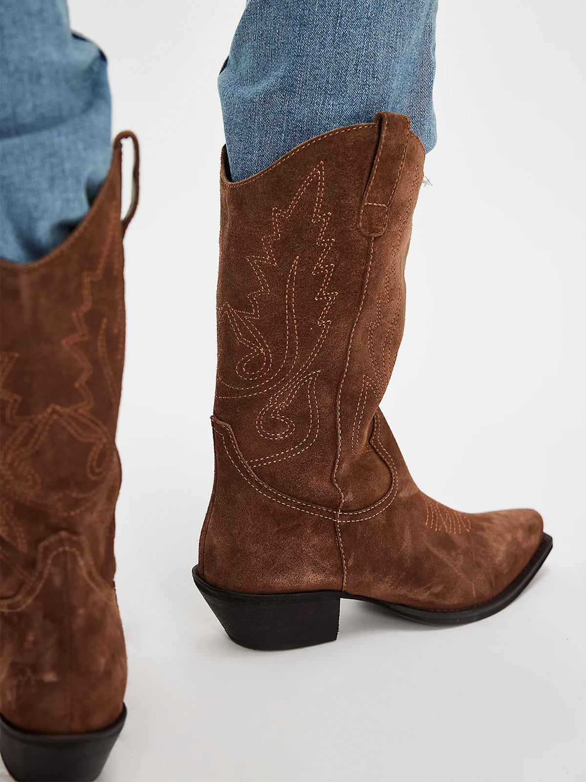 Brown Faux Suede Snip-Toe Classic Stitch Mid Calf Cowgirl Boots