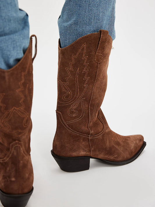 Brown Faux Suede Snip-Toe Classic Stitch Mid Calf Cowgirl Boots
