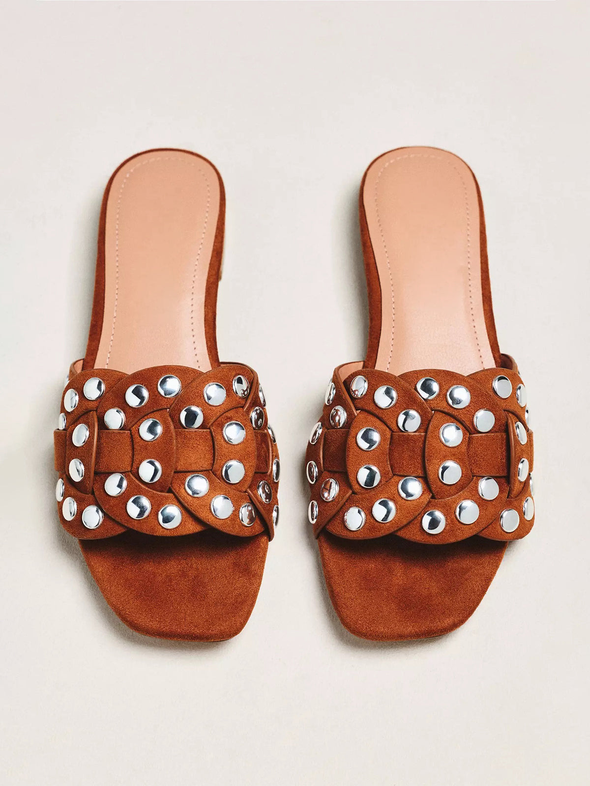 Brown Faux Suede Square-Toe Studded Slip-On Sandals Flats