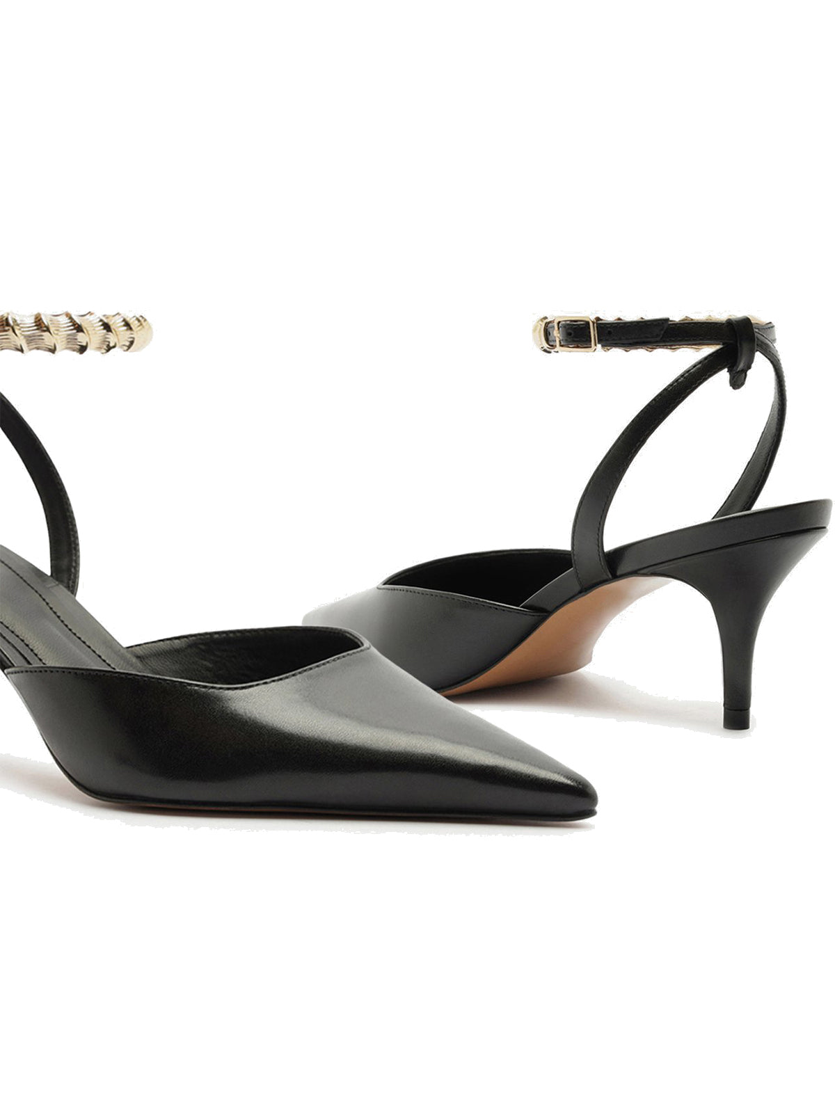 Black Pointed-Toe Chic Slingback Buckle Ankle Strap Kitten Heels
