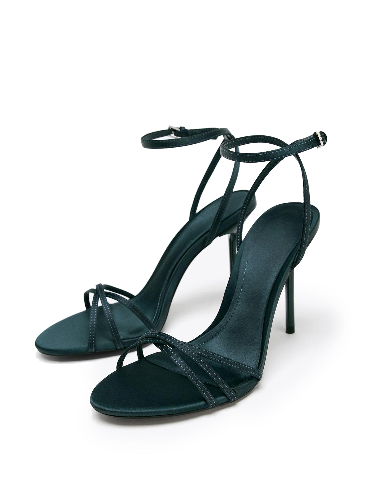 Deep Blue Satin Round-Toe Front Strappy Ankle Strap High Heels