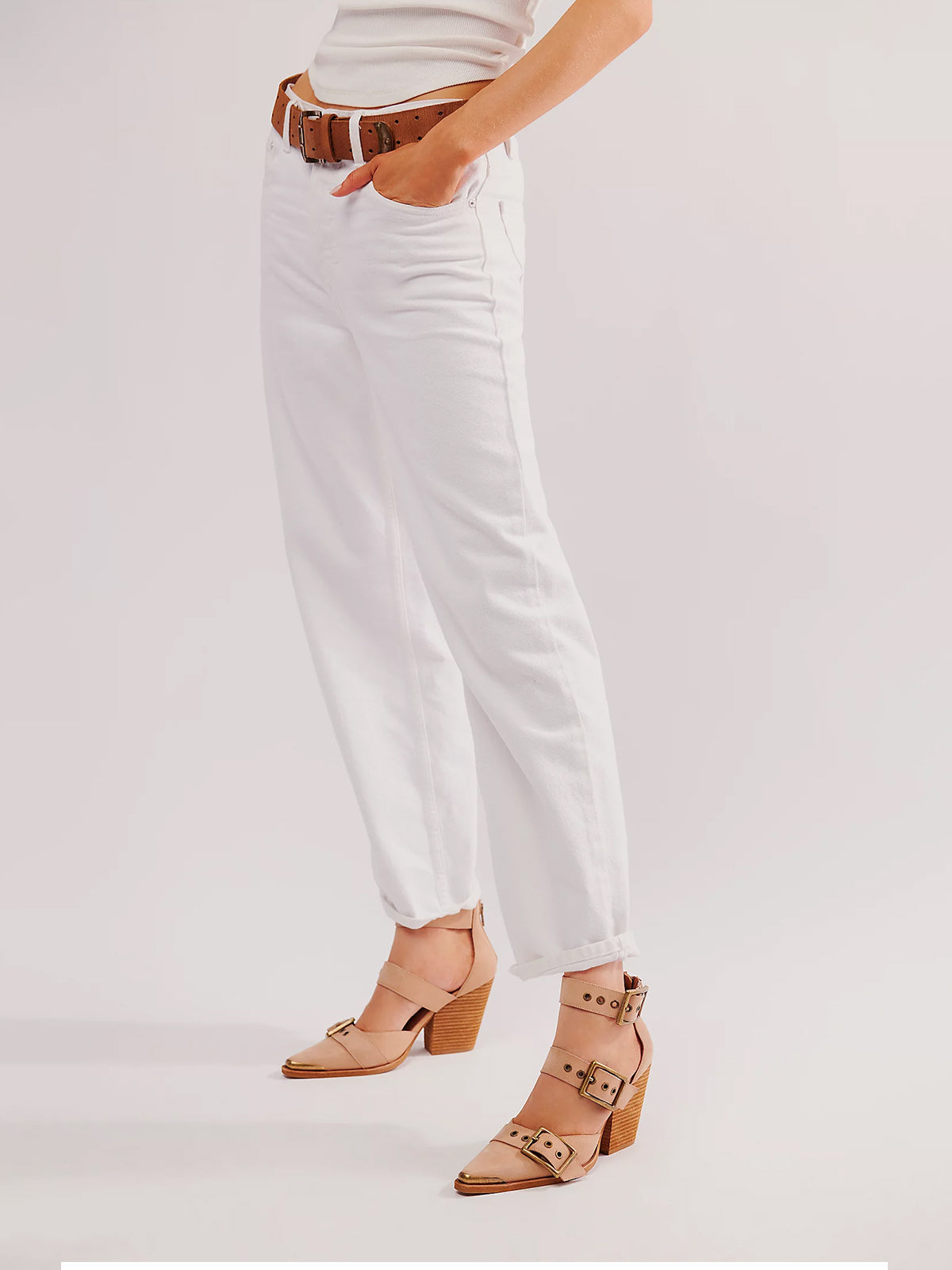 Pointed-Toe Three Buckled Straps Back Zip Chunky High Heels - Natural