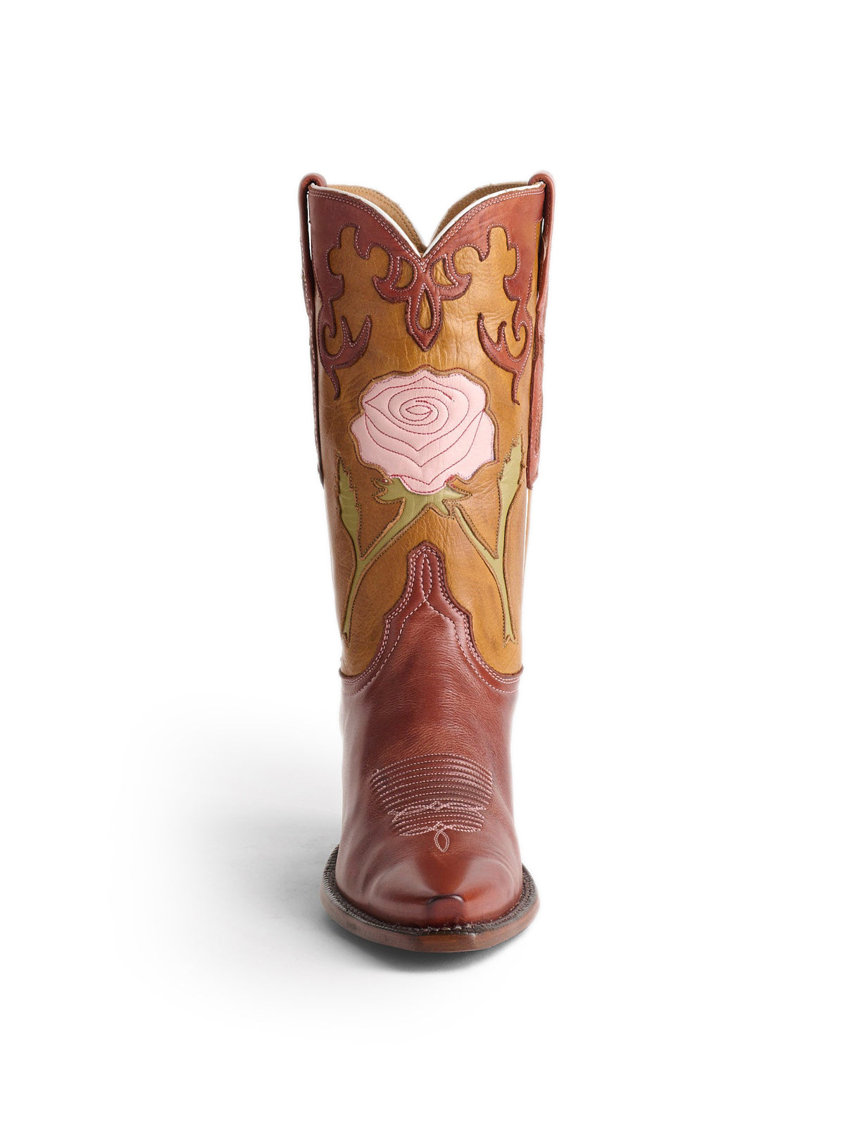 Contrast Brandy And Tan Snip-Toe Big Rose Inlay Mid Calf Cowgirl Boots