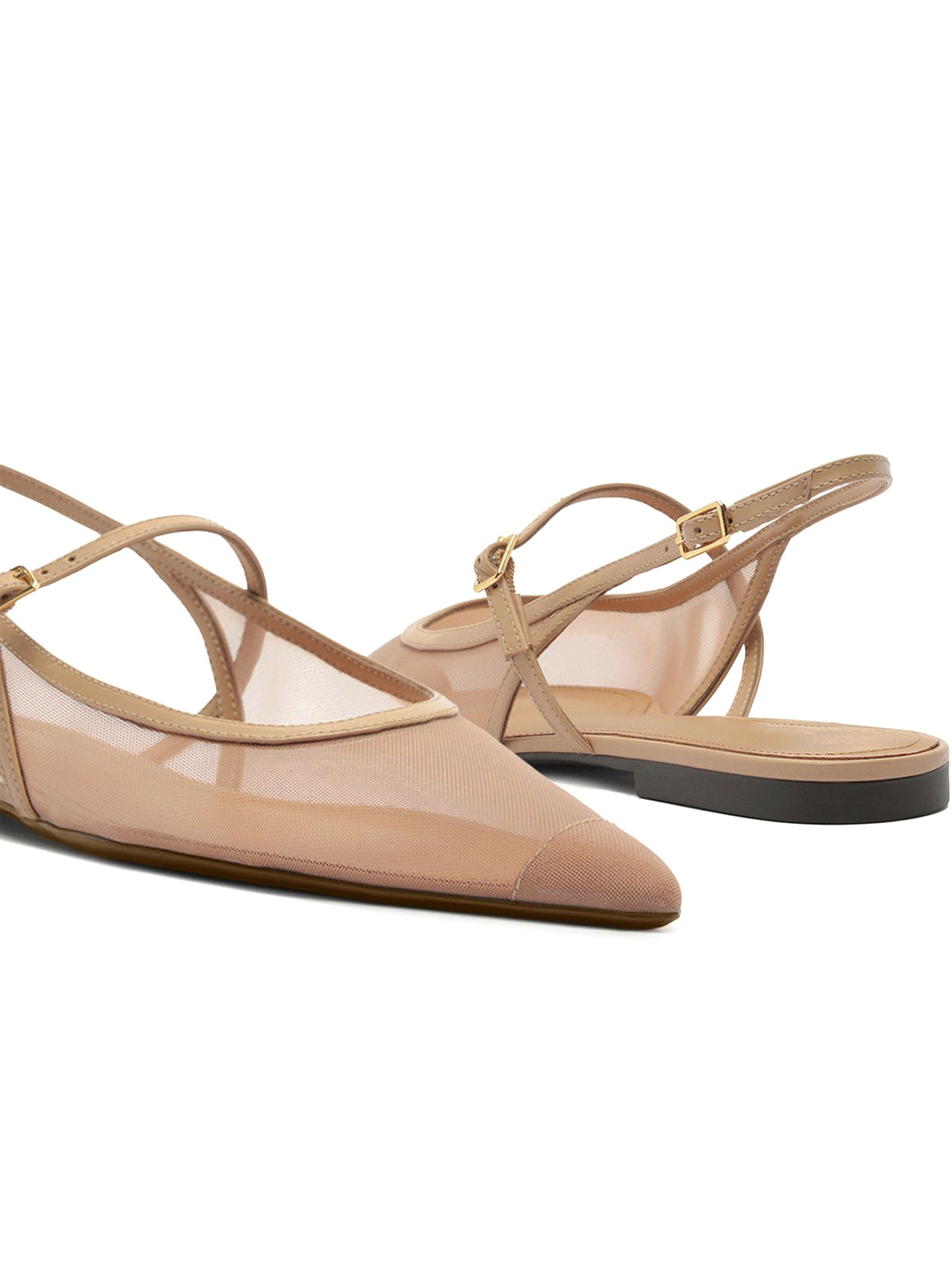 Nude Mesh And Vegan Leather Pointed-Toe Buckle Slingback Flats