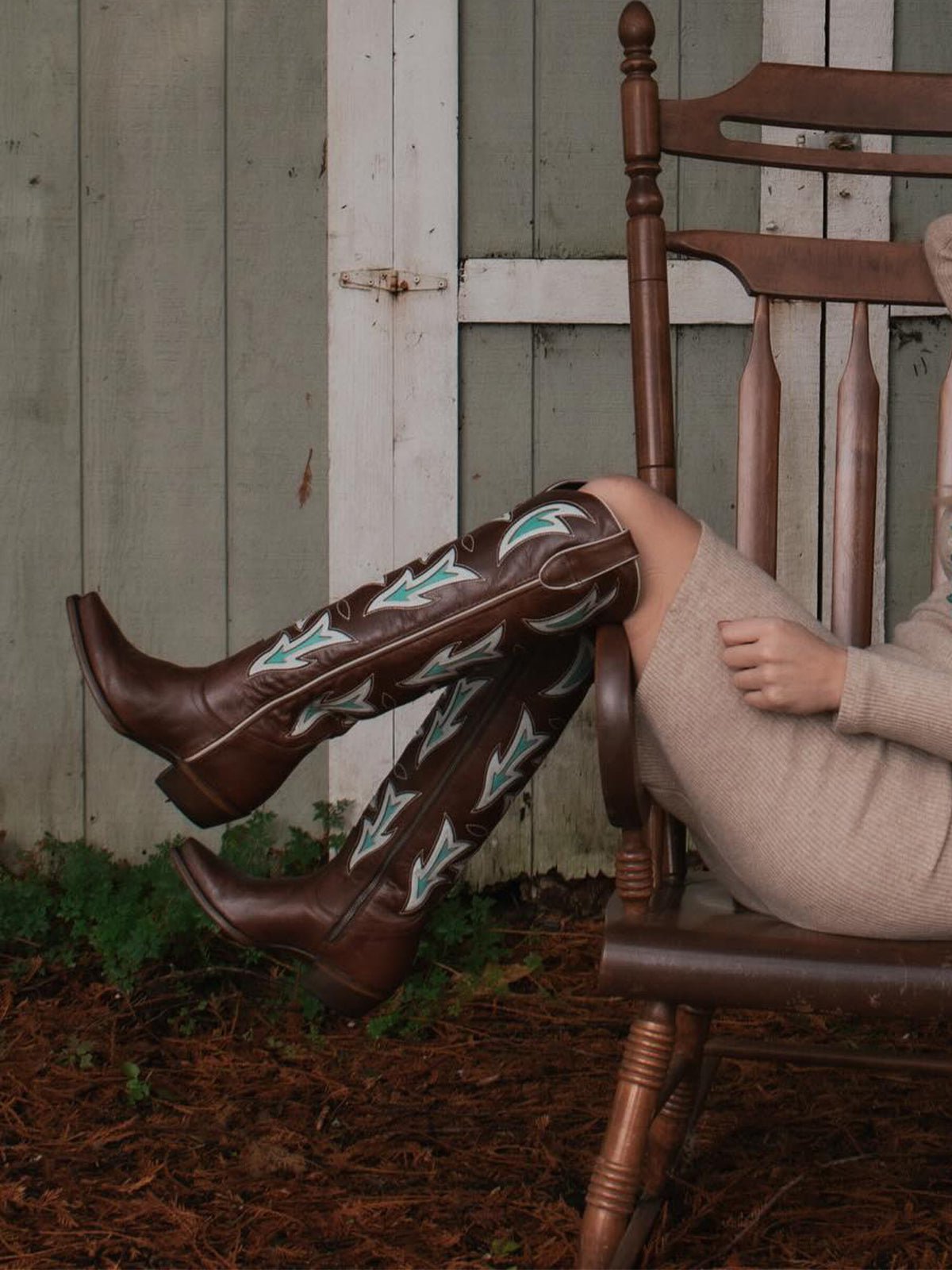 Brown Snip-Toe Flame Inlay Full-Zip Knee High Cowgirl Boots