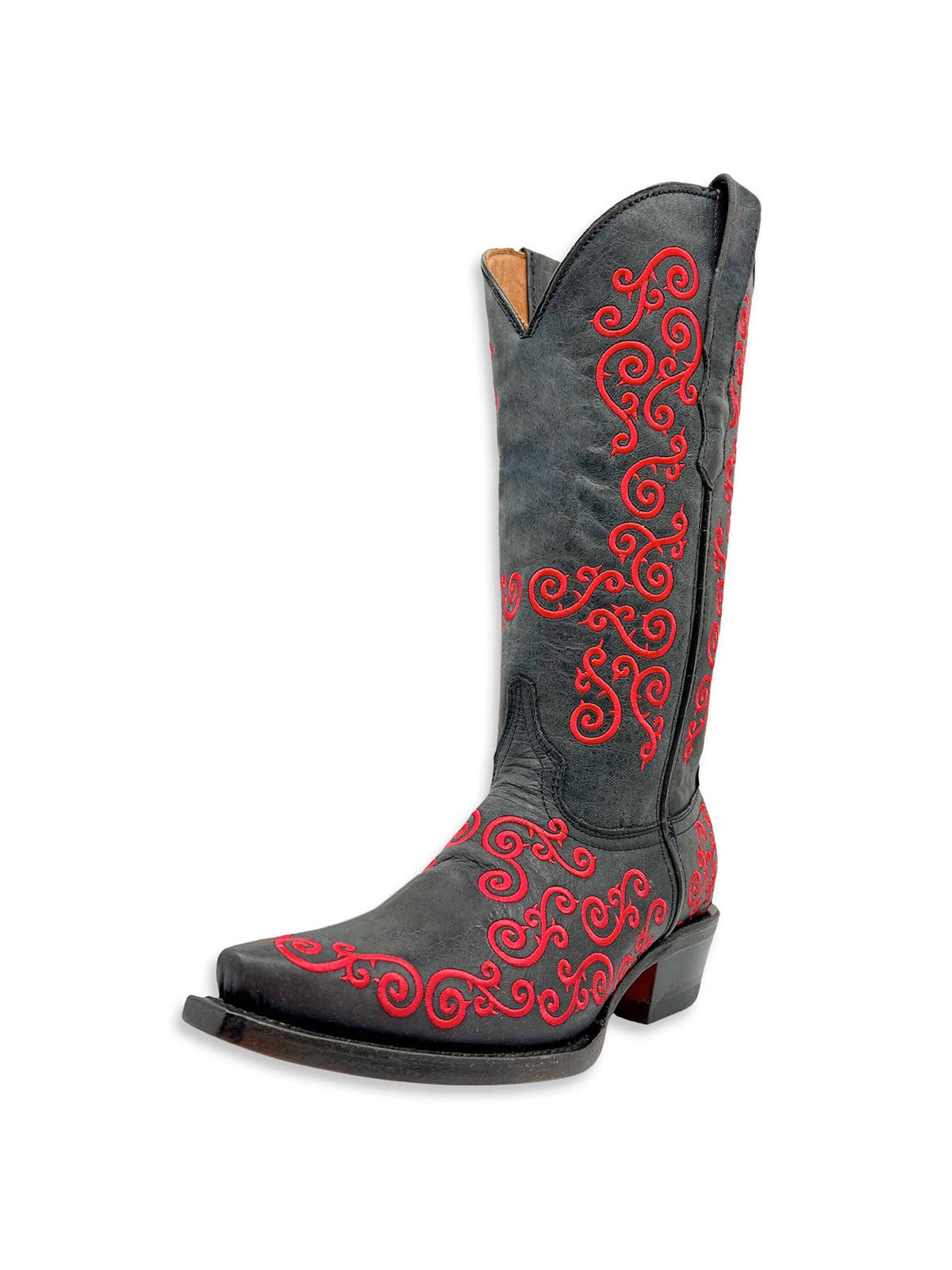 Black Snip-Toe Curl Embroidery Mid Calf Cowgirl Boots