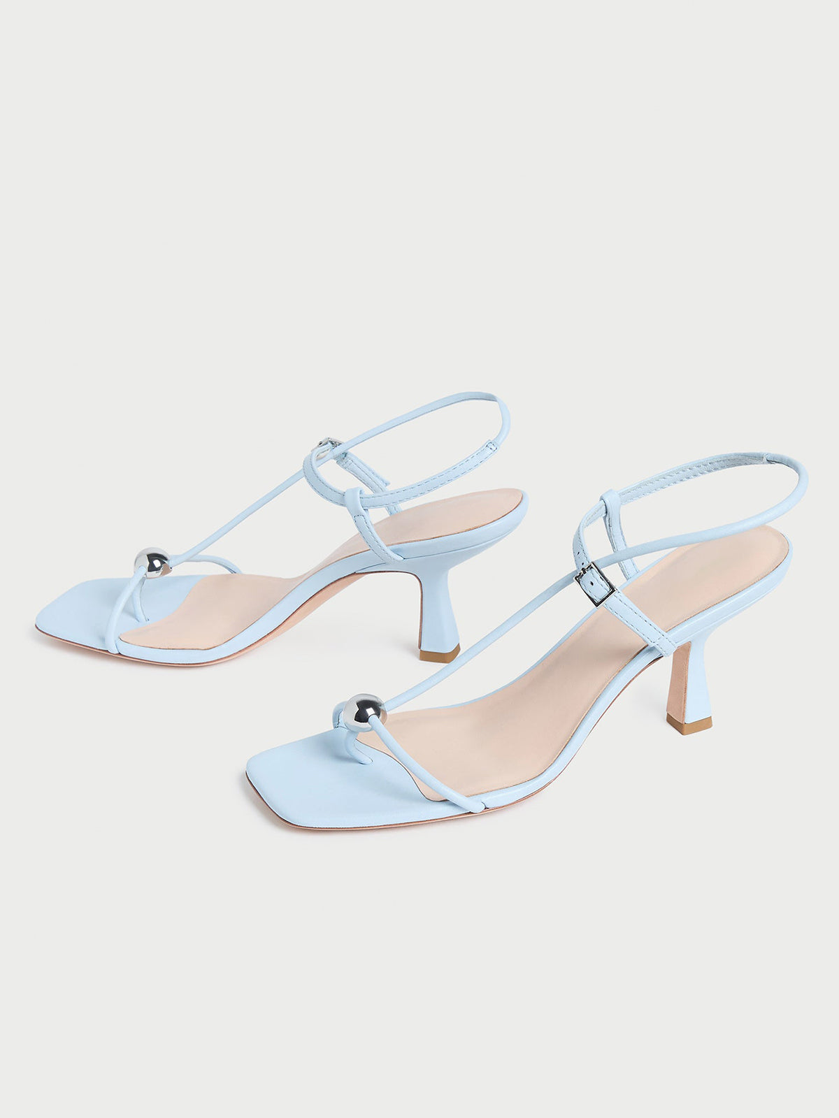 Blue Square-Toe Buckle Strappy Kitten Heels With One Silver Ball