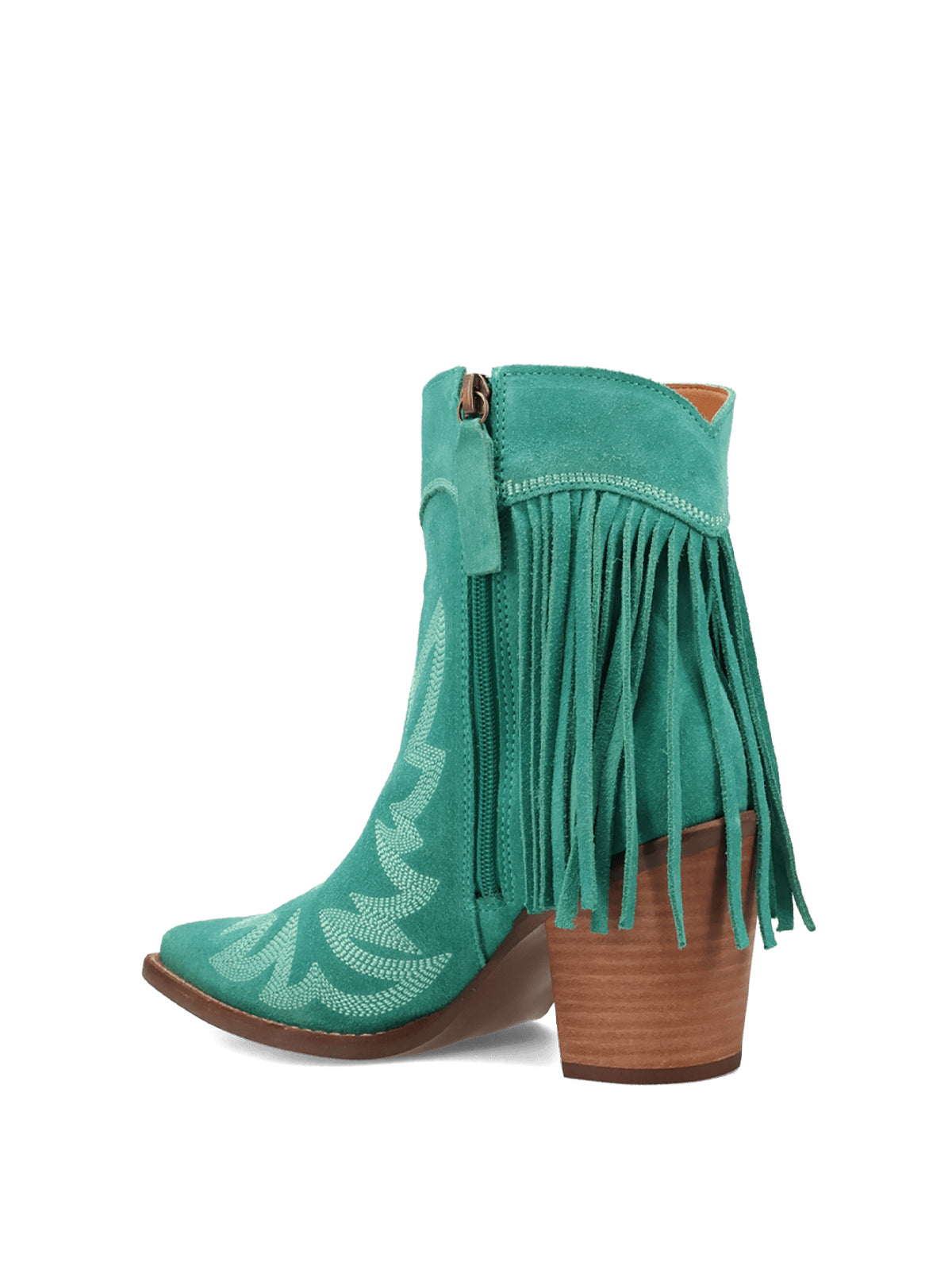 Green Faux Suede Snip-Toe Back Fringe Full-Zip Ankle Cowgirl Boots