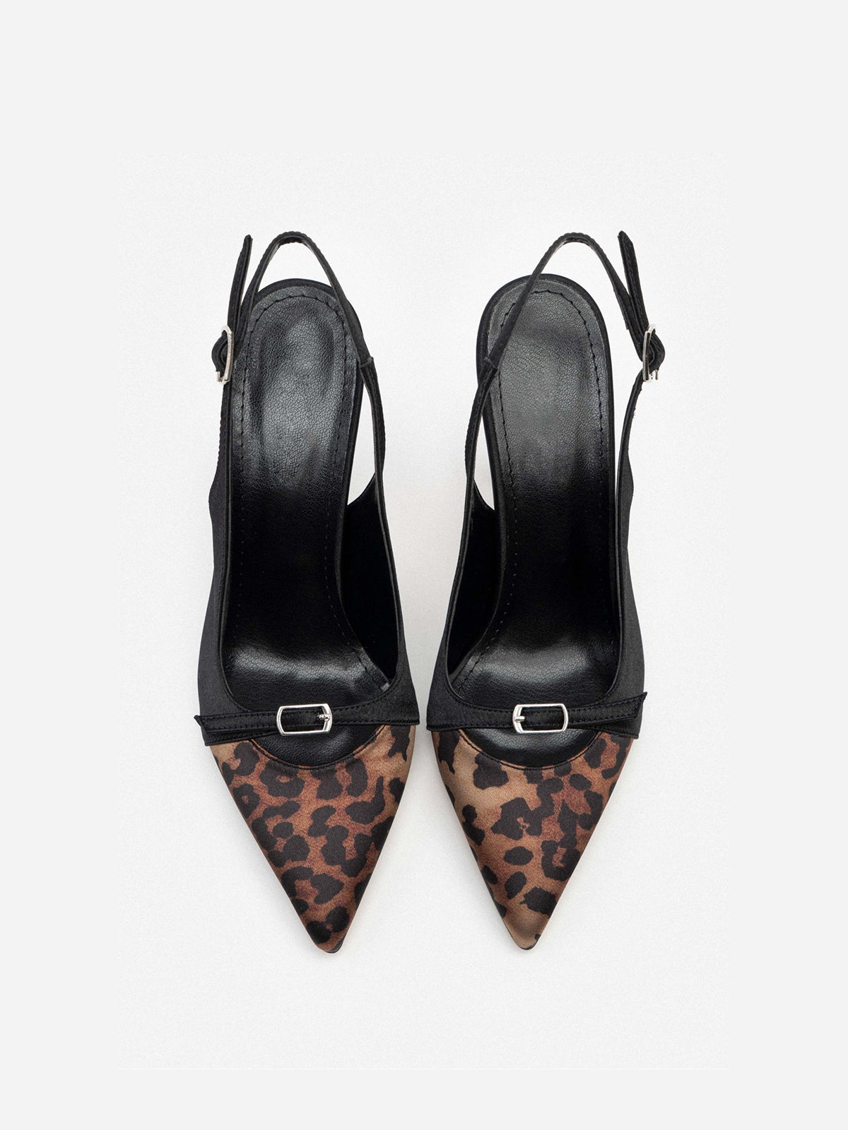 Contrast Black And Leopard Satin Pointed-Toe Slingback High Heels