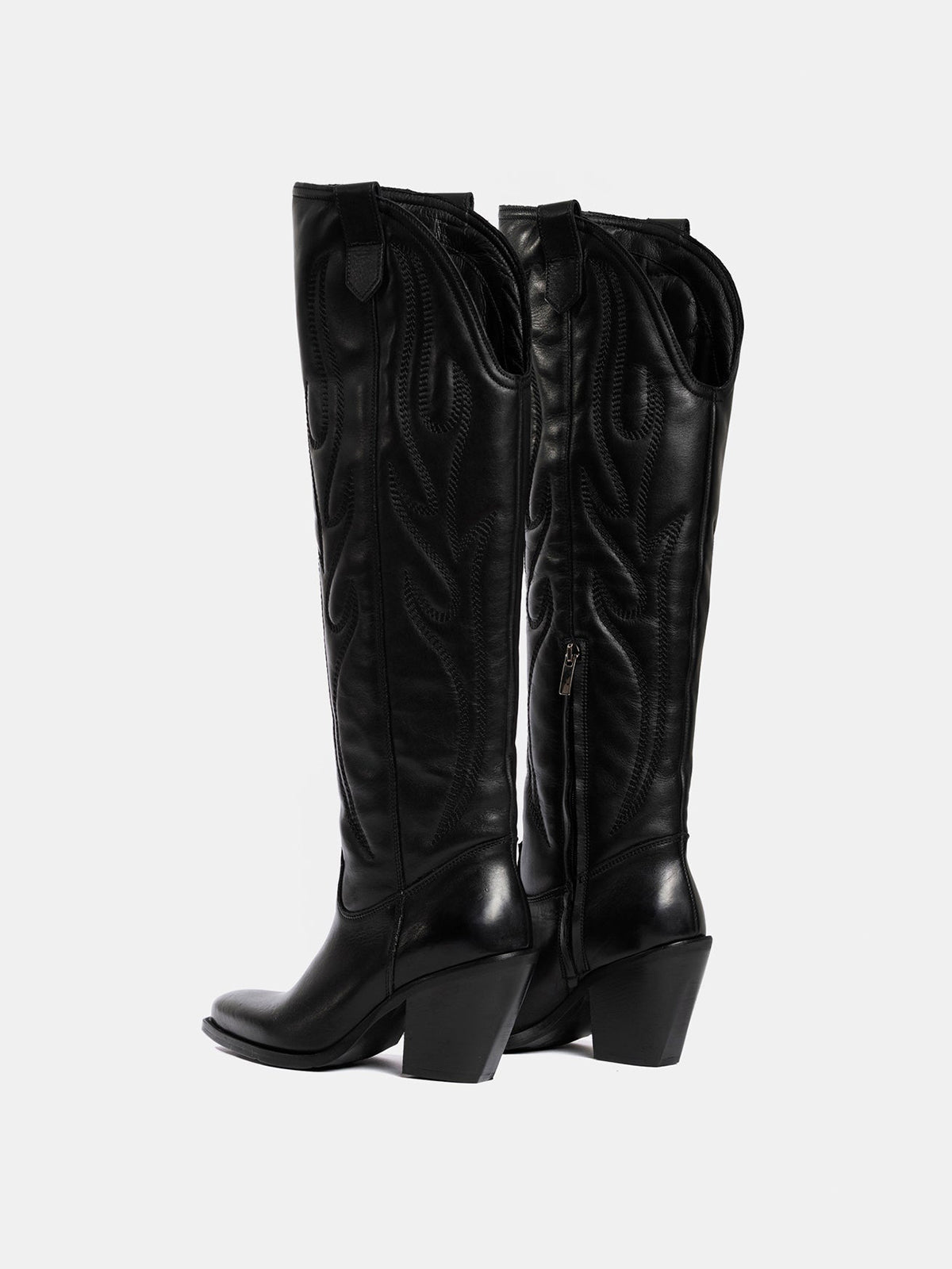 Black Classic Snip-Toe Embroidery Half-Zip Knee High Tall Cowgirl Boots