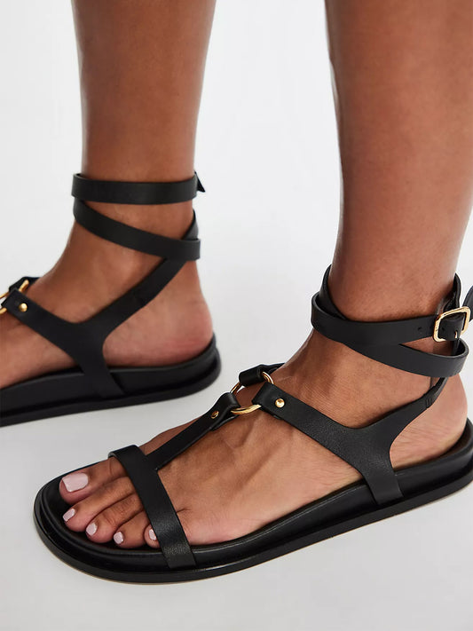 Black Round-Toe D-rings And Studs Strappy Sandals