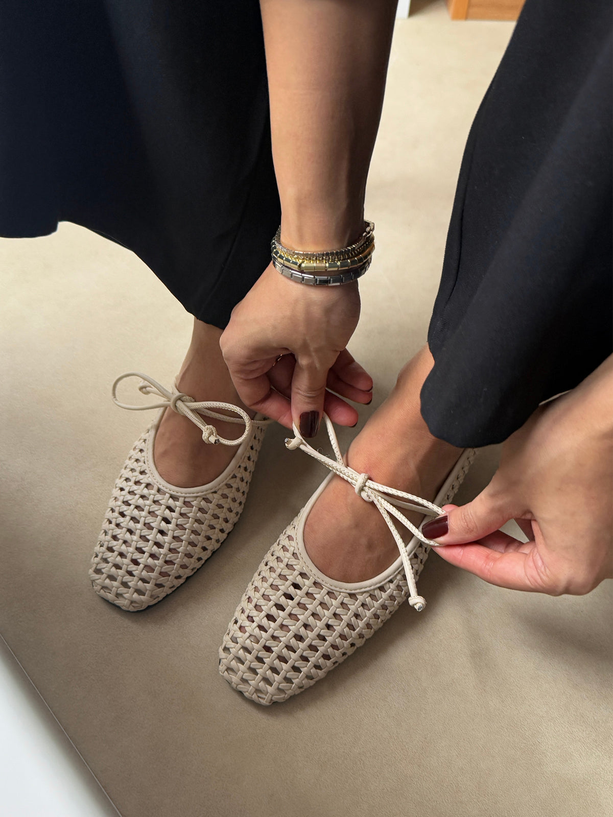 Beige Woven Vegan Leather Square-Toe Mary Jane Stylish Ballet Flats