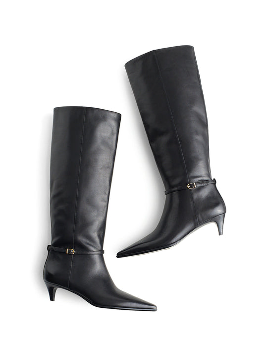 True Black Pointed-Toe Half-zip Simple Knee High Boots