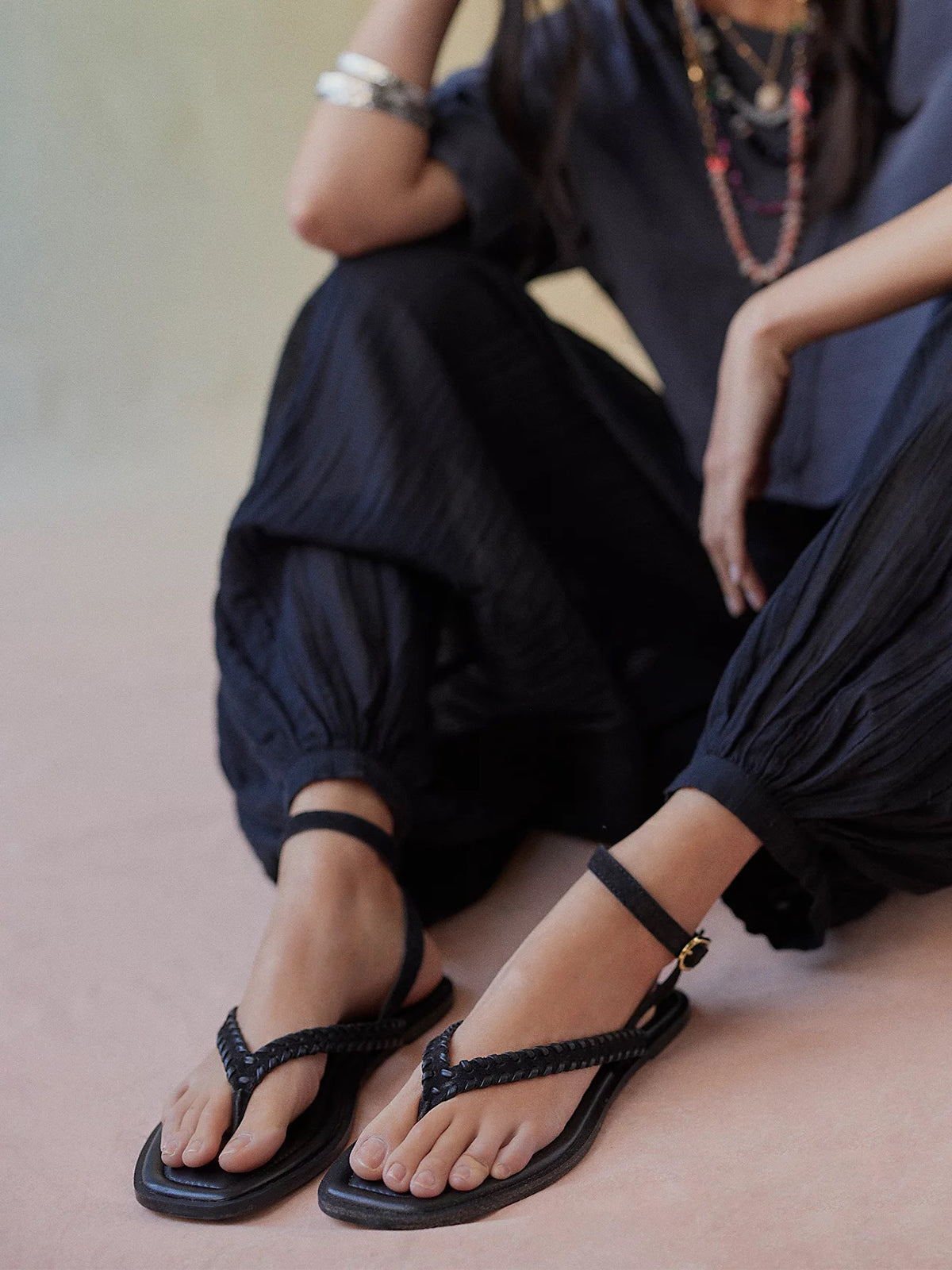 Black Faux Suede Square-Toe Flip-Flop Back And Ankle Straps Sandals Flats