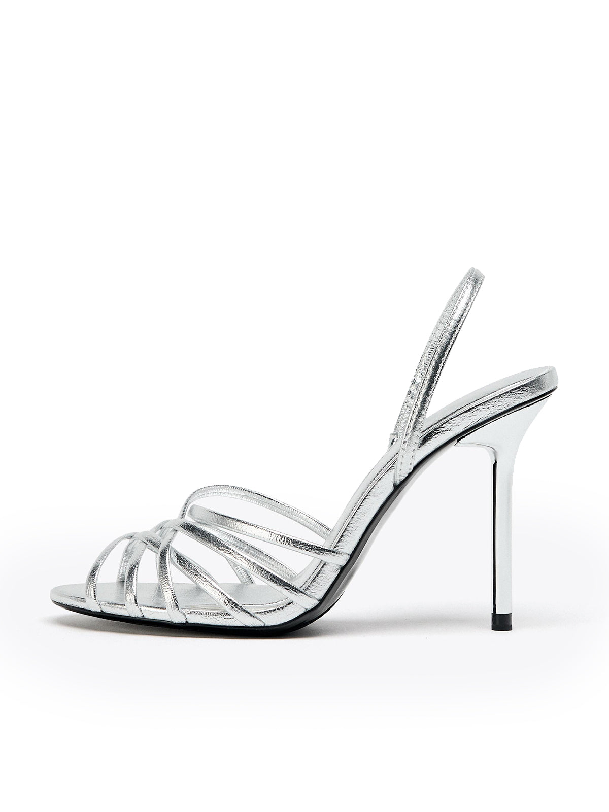 Metallic Silver Round-Toe Front Crossover Straps Slingback High Heels