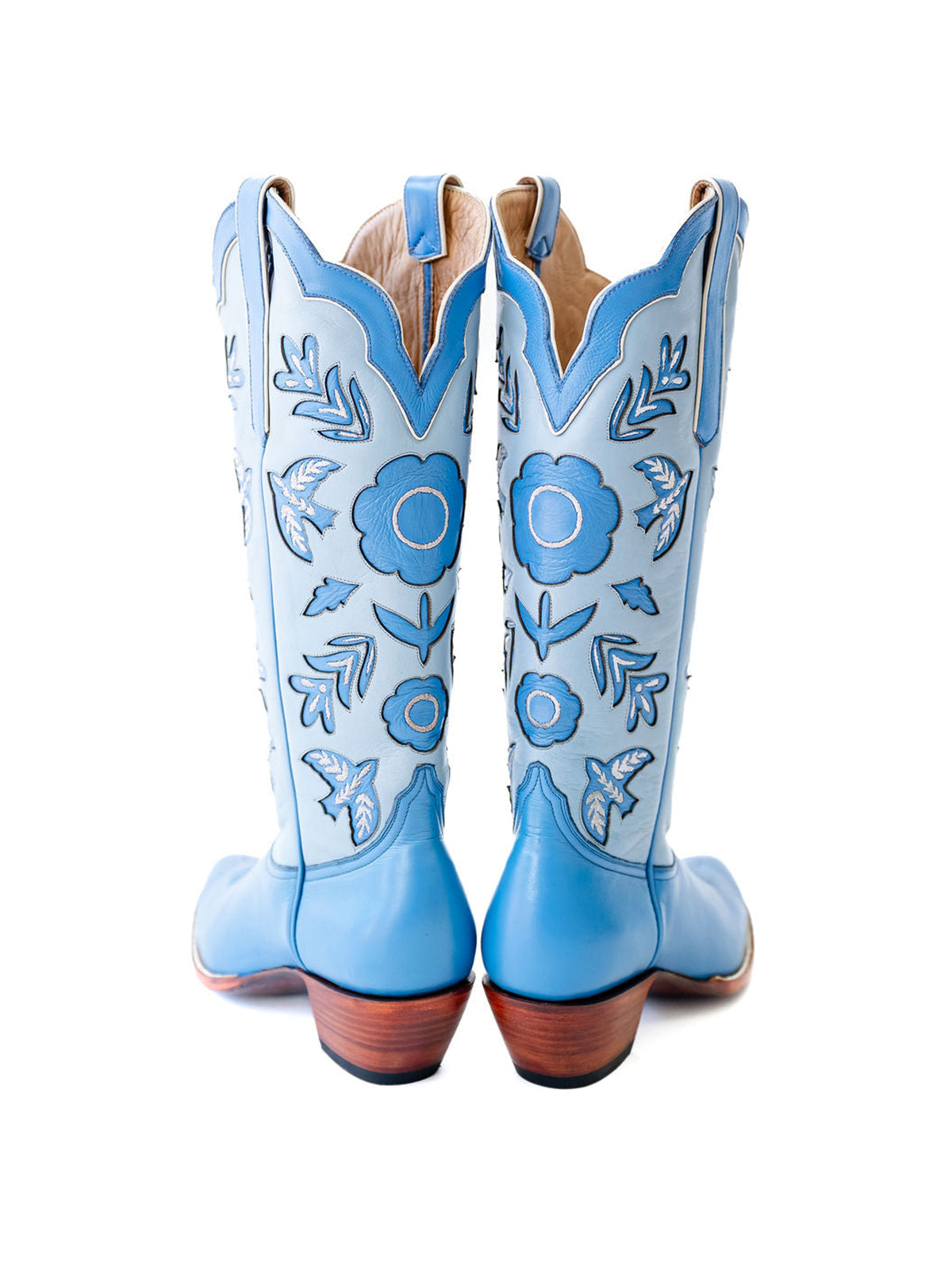 Blue Round-Toe Birds Leaves Flowers Inlay Wide Calf Knee High Cowgirl Boots