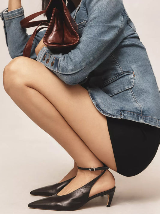 Black Pointed-Toe Chic Slingback And Buckle Ankle Strap Kitten Heels