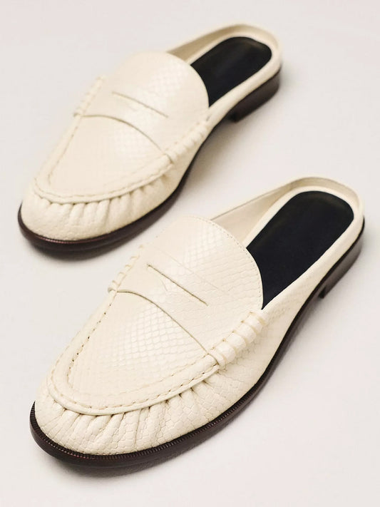 Bone Snakeskin Pattern Round-Toe Chic Slip-On Mules Flats