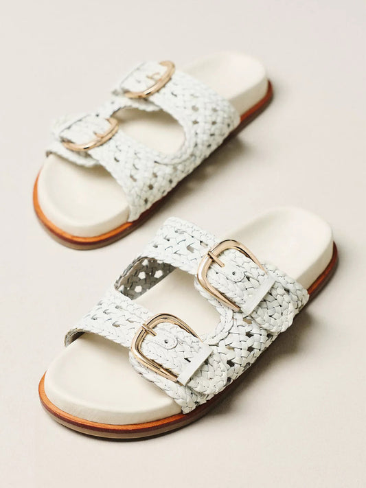 White Woven Vegan Leather Square-Toe Double Buckle Straps Slide Sandals Flats