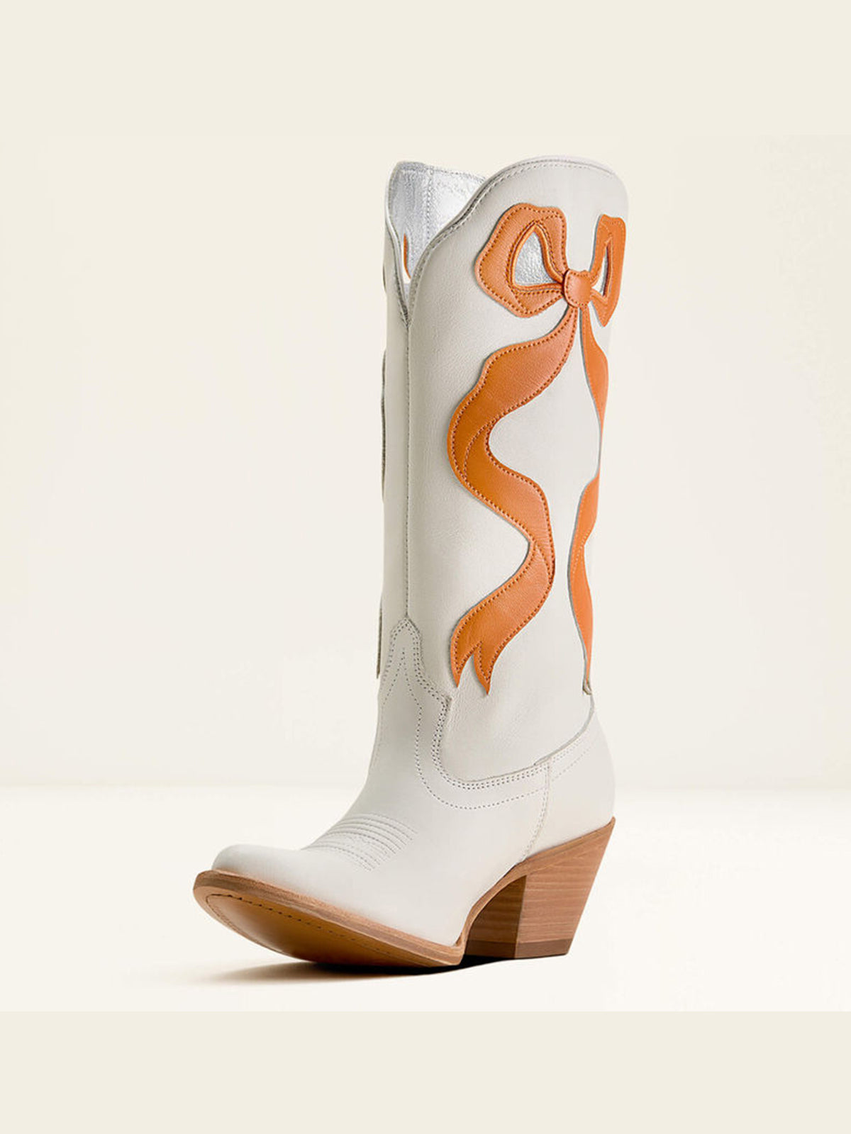Ivory Almond-Toe Orange Side Big Bow Applique Mid Calf Cowgirl Boots