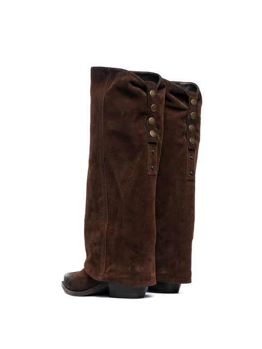 Dark Brown Faux Suede Snip-Toe Fold-Over Back Studs Wide Calf Knee High Cowgirl Boots
