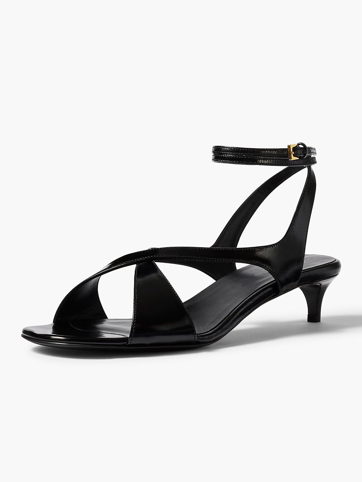 Black Square-Toe Crossed Straps Back And Ankle Strap Kitten Heels