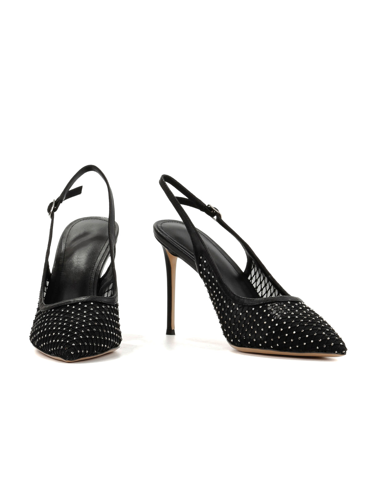 Black Mesh With Rhinestones Pointed-Toe Back Strap High Heels