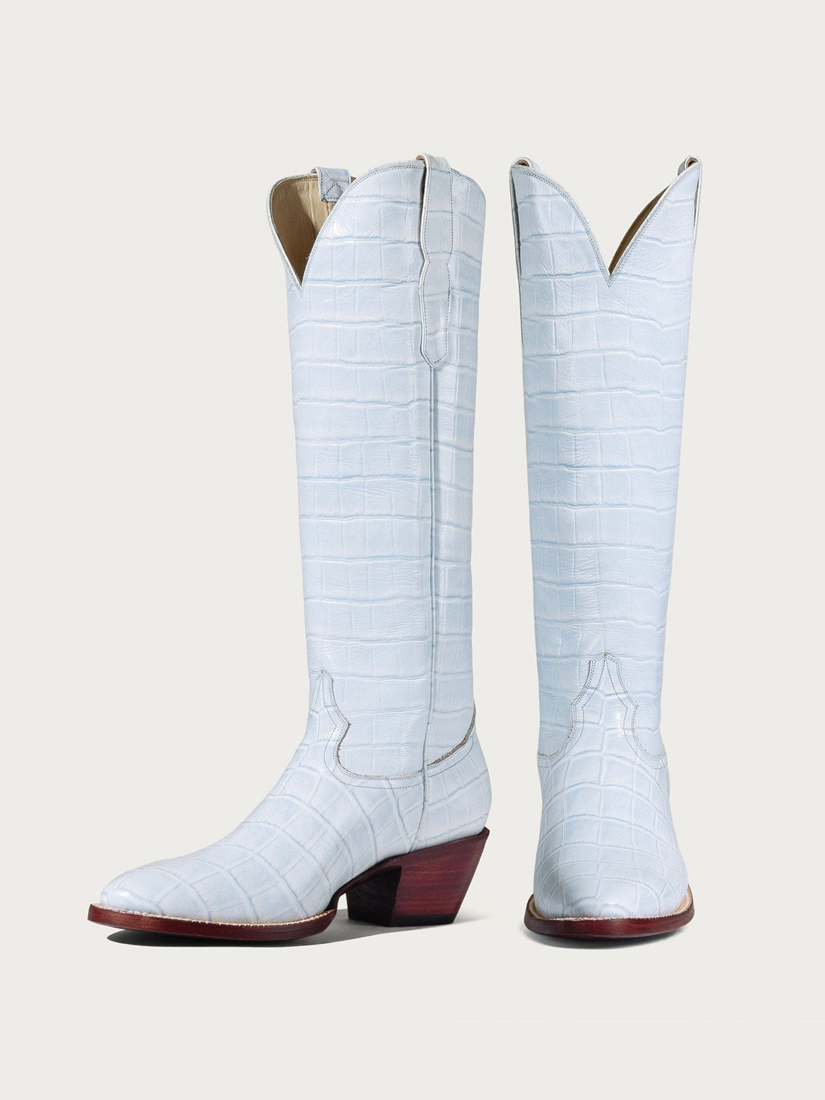Blue Crocodile-Embossed Almond-Toe Wide Calf Tall Knee High Cowgirl Boots