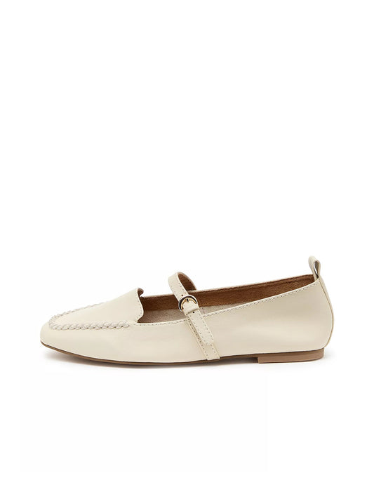 White Square-Toe Slip-On Mary Jane Flats Loafers
