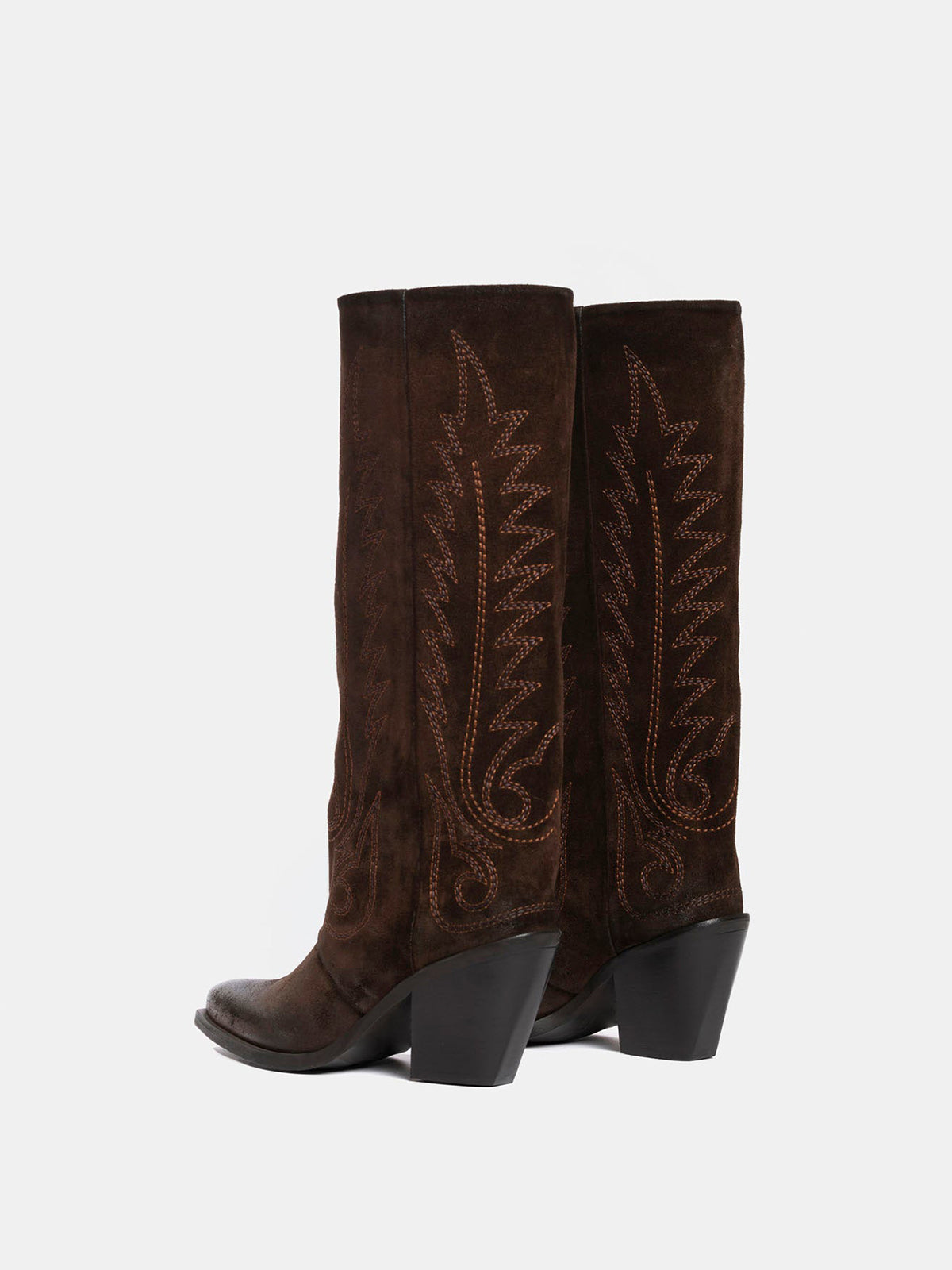 Dark Brown Snip-Toe Faux Suede Classic Embroidery Mid Calf Cowgirl Boots