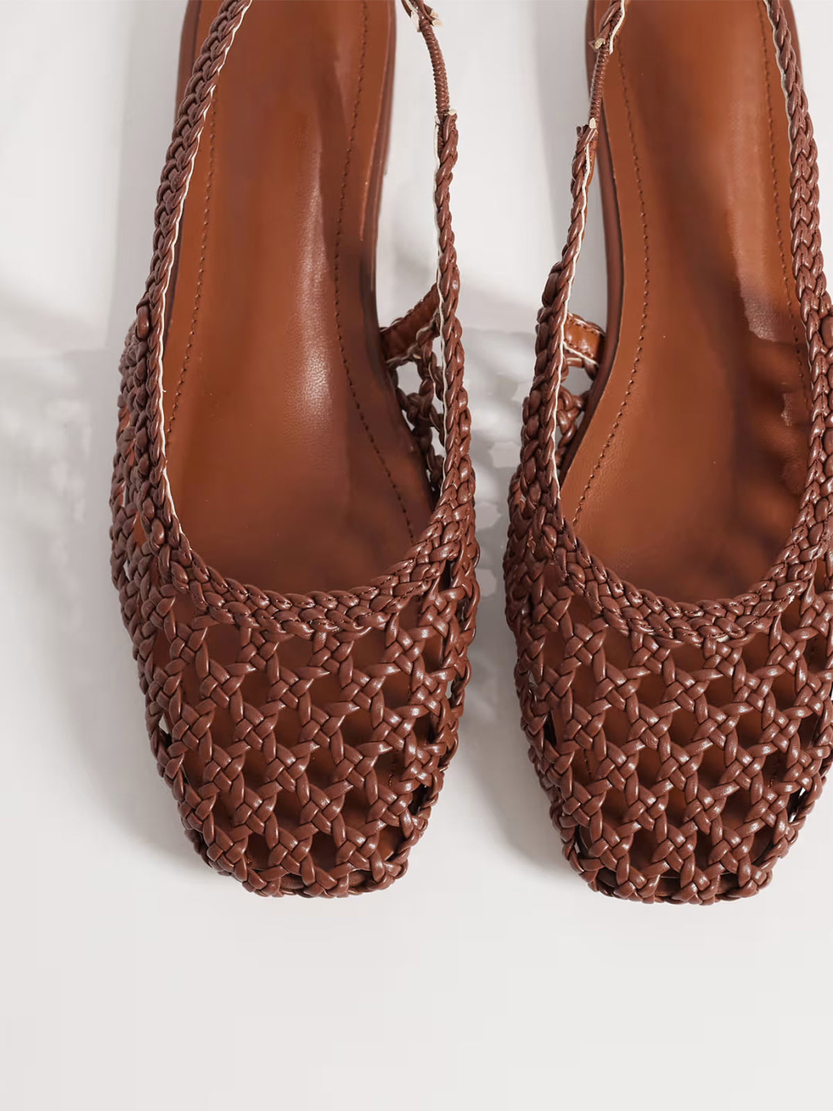 Tan Woven Vegan Leather Square-Toe Classic Back Strap Flats
