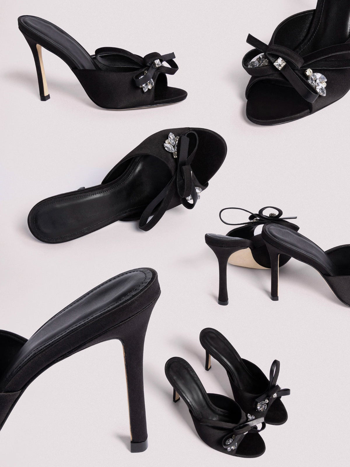 Black Satin Open Round-Toe Front Bow And Crystals High Heels