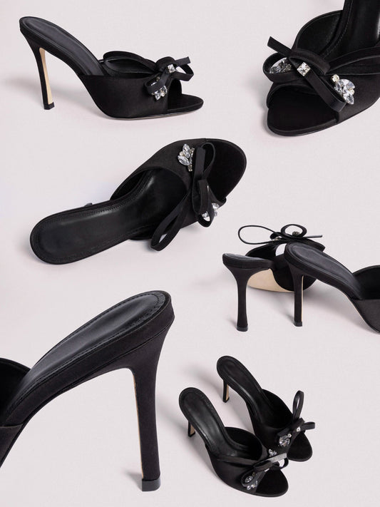 Black Satin Open Round-Toe Front Bow And Crystals High Heels