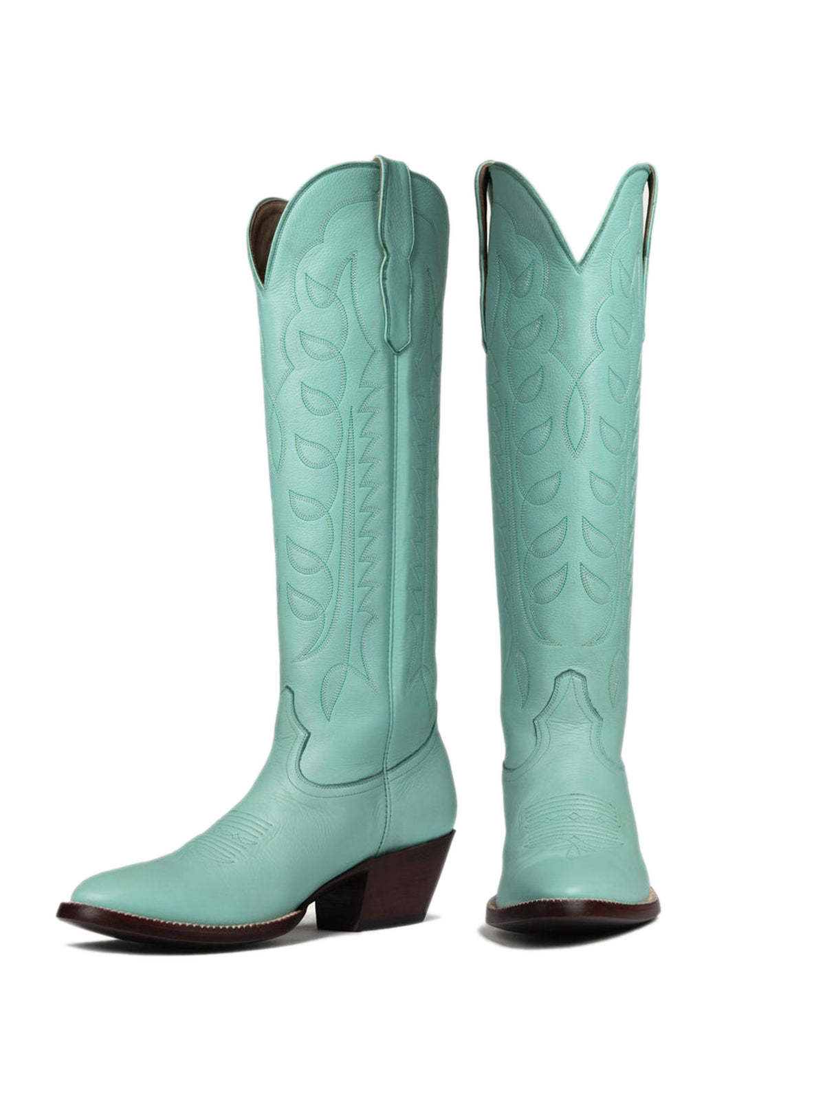 Blue Classic Almond-Toe Embroidery Tall Knee High Wide Calf Cowgirl Boots