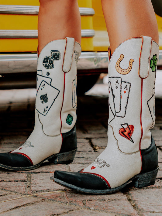 Contrast Black And White Snip-Toe Card Game Embroidery Horseshoe Applique Mid Calf Cowgirl Boots