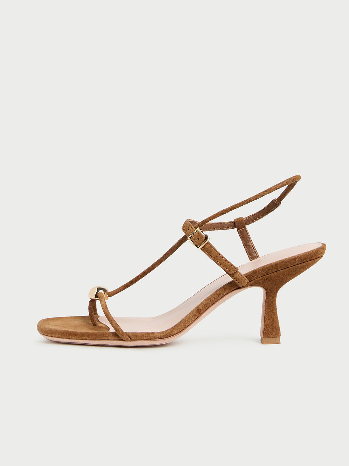 Brown Faux Suede Square-Toe Buckle Strappy Kitten Heels With One Silver Ball