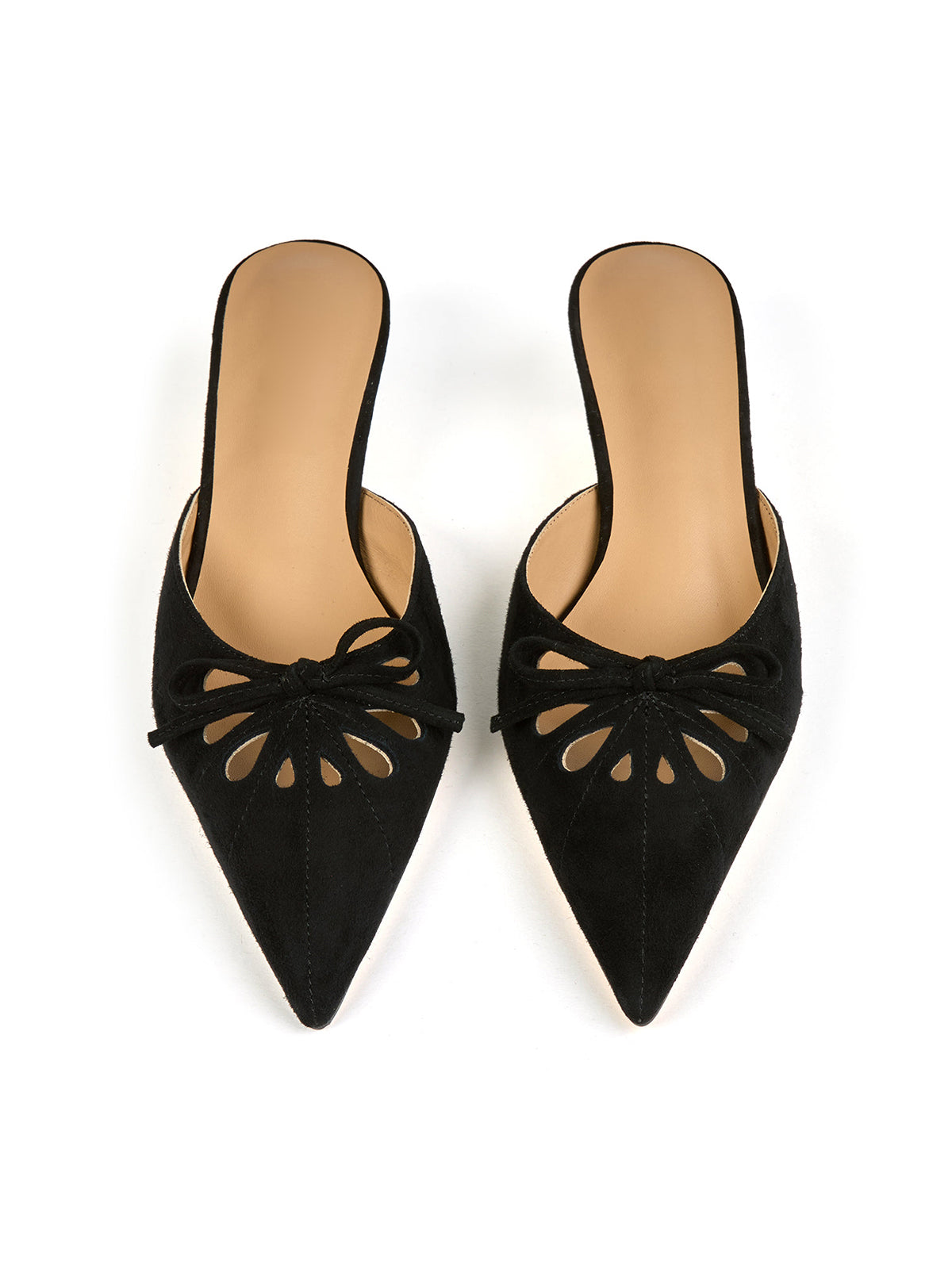 Black Faux Suede Pointed-Toe Front Cut-Out And Bow Backless Kitten Heels