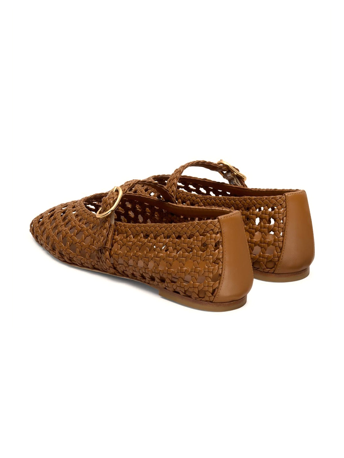 Tan Woven Vegan Leather Square-Toe Classic Buckle Bridge Strap Flats