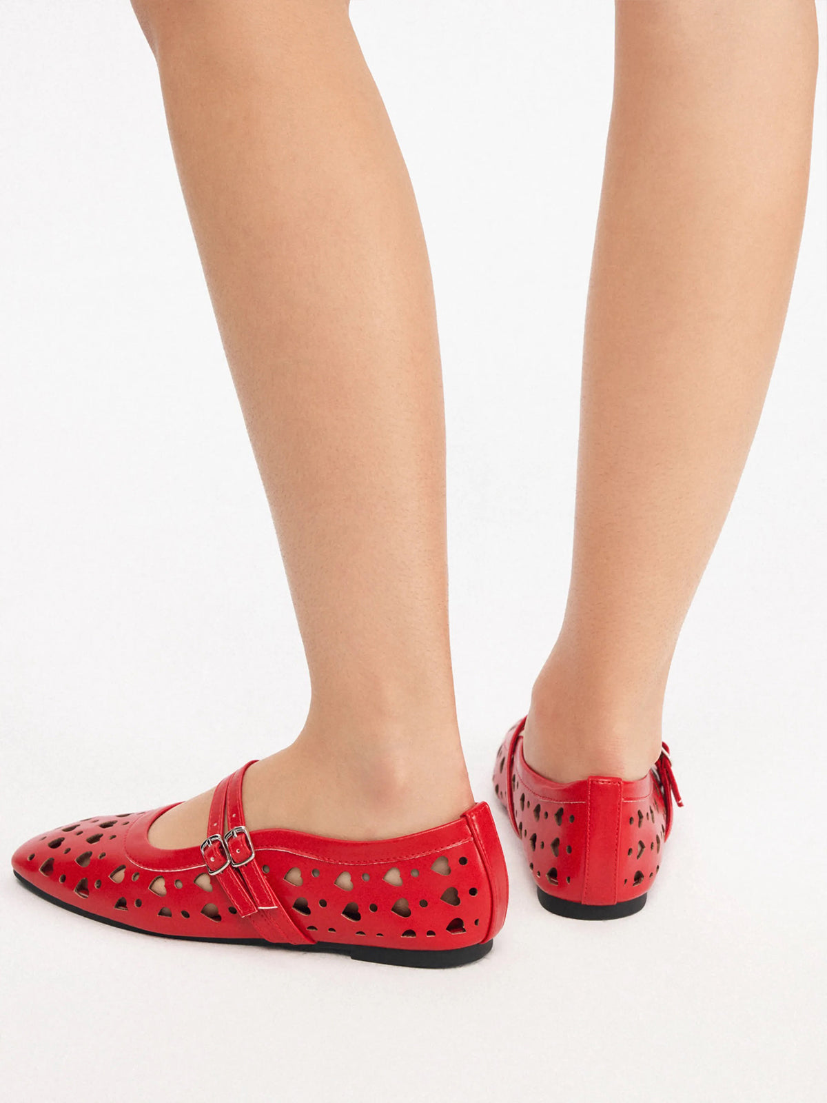 Red Square-Toe Heart Cutout Double Mary Jane Flats